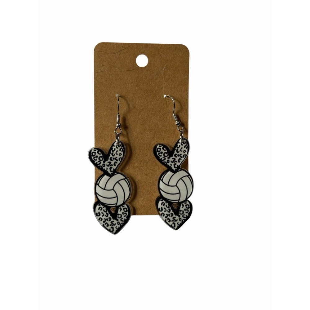 Volleyball Heart Leopard Print Drop Earrings Sports Jewelry Black White Acrylic‎